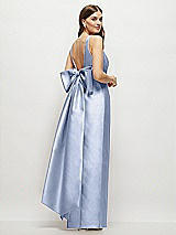 Front View Thumbnail - Sky Blue Scoop Neck Corset Satin Maxi Dress with Floor-Length Bow Tails