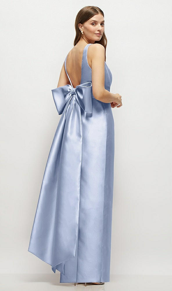 Front View - Sky Blue Scoop Neck Corset Satin Maxi Dress with Floor-Length Bow Tails
