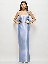 Rear View Thumbnail - Sky Blue Scoop Neck Corset Satin Maxi Dress with Floor-Length Bow Tails