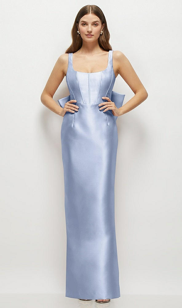 Back View - Sky Blue Scoop Neck Corset Satin Maxi Dress with Floor-Length Bow Tails