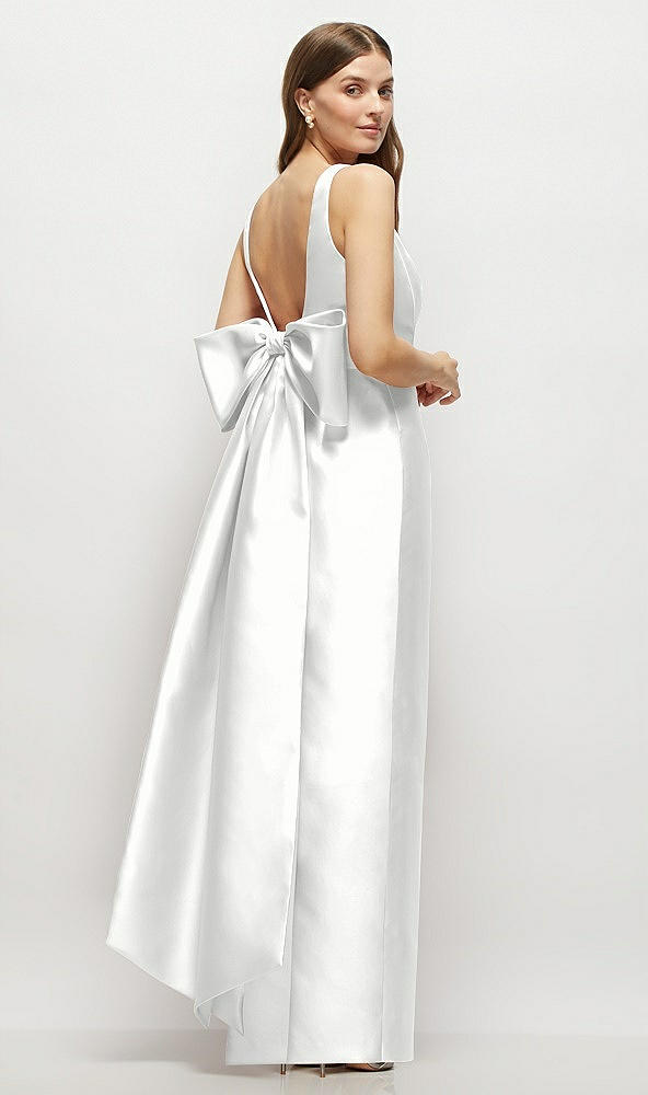 Front View - White Scoop Neck Corset Satin Maxi Dress with Floor-Length Bow Tails