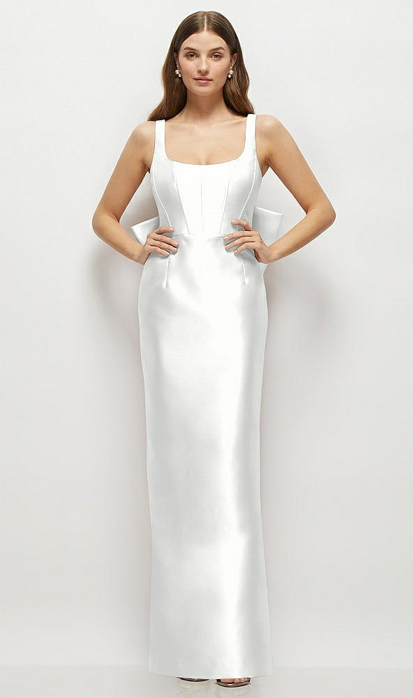 Back View - White Scoop Neck Corset Satin Maxi Dress with Floor-Length Bow Tails
