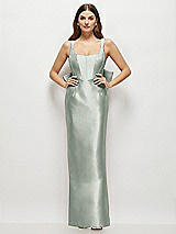 Rear View Thumbnail - Willow Green Scoop Neck Corset Satin Maxi Dress with Floor-Length Bow Tails