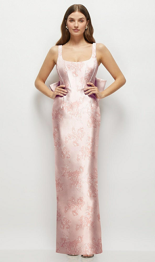Front View - Bow And Blossom Print Floral Scoop Neck Corset Satin Maxi Dress with Floor-Length Bow Tails