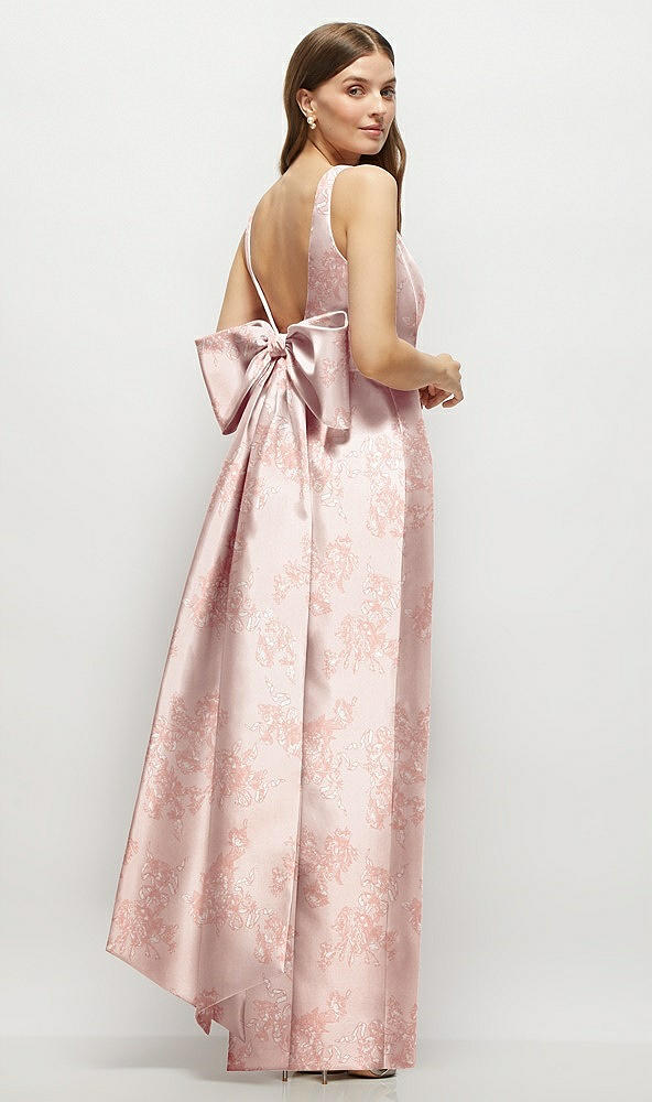 Back View - Bow And Blossom Print Floral Scoop Neck Corset Satin Maxi Dress with Floor-Length Bow Tails