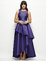 Front View Thumbnail - Grape Beaded Floral Bodice Satin Maxi Dress with Layered Ballgown Skirt
