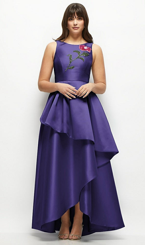 Front View - Grape Beaded Floral Bodice Satin Maxi Dress with Layered Ballgown Skirt