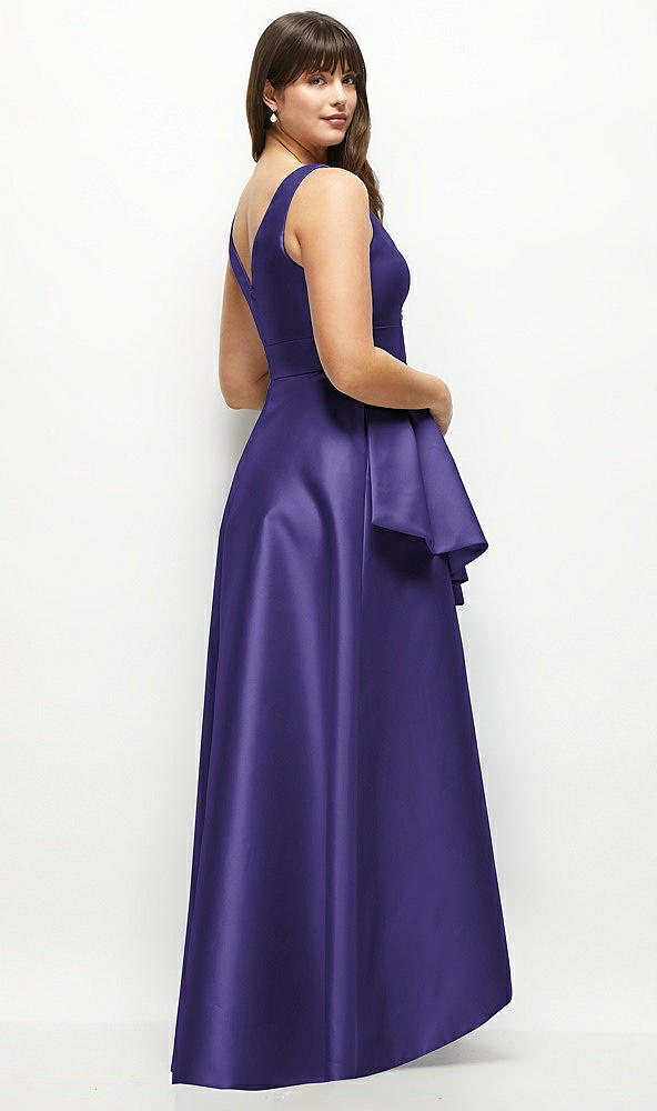 Back View - Grape Beaded Floral Bodice Satin Maxi Dress with Layered Ballgown Skirt