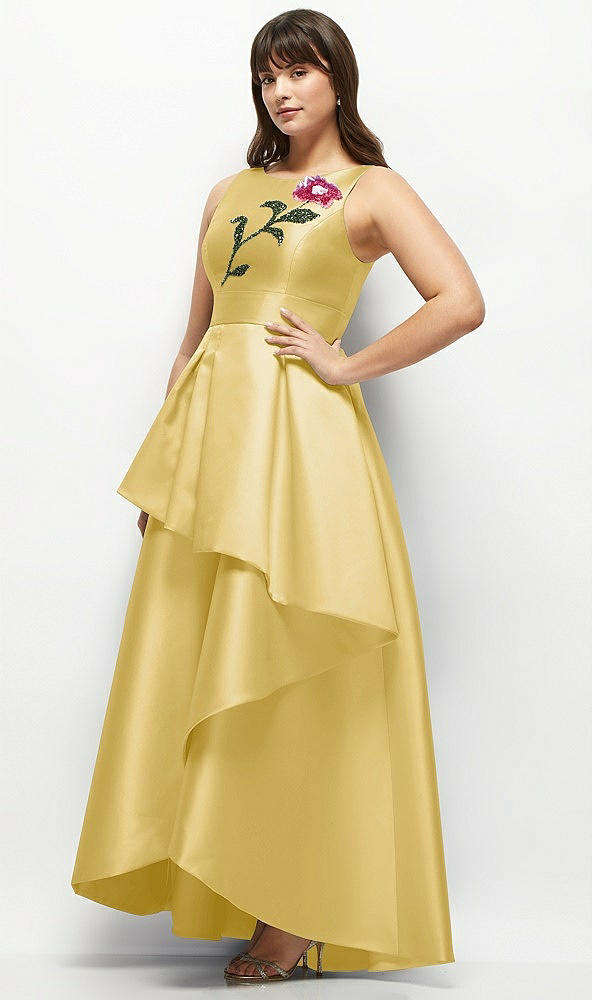 Front View - Maize Beaded Floral Bodice Satin Maxi Dress with Layered Ballgown Skirt