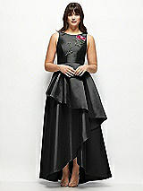 Front View Thumbnail - Black Beaded Floral Bodice Satin Maxi Dress with Layered Ballgown Skirt