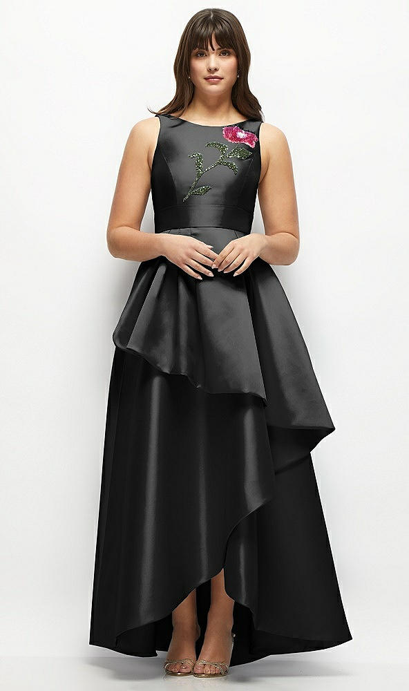 Front View - Black Beaded Floral Bodice Satin Maxi Dress with Layered Ballgown Skirt