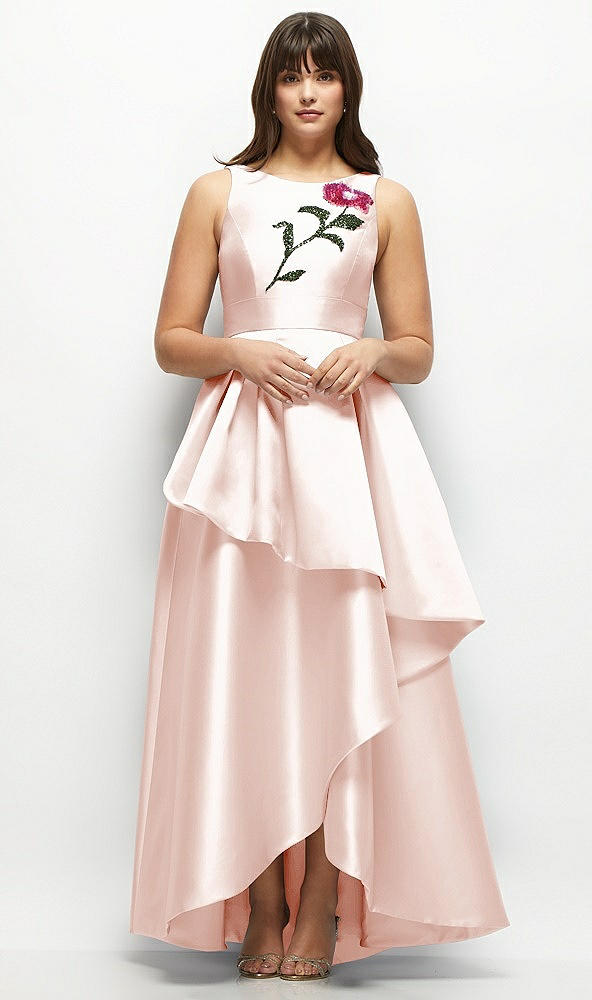 Front View - Blush Beaded Floral Bodice Satin Maxi Dress with Layered Ballgown Skirt
