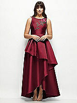 Front View Thumbnail - Burgundy Beaded Floral Bodice Satin Maxi Dress with Layered Ballgown Skirt