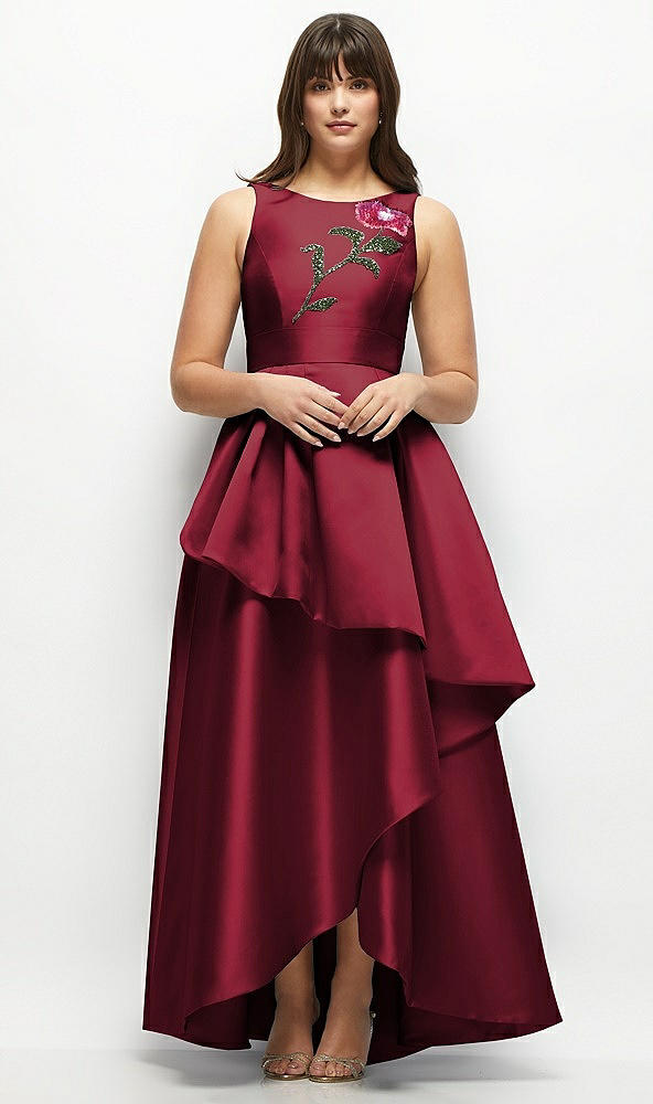 Front View - Burgundy Beaded Floral Bodice Satin Maxi Dress with Layered Ballgown Skirt