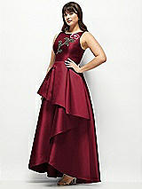 Side View Thumbnail - Burgundy Beaded Floral Bodice Satin Maxi Dress with Layered Ballgown Skirt