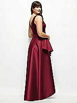 Rear View Thumbnail - Burgundy Beaded Floral Bodice Satin Maxi Dress with Layered Ballgown Skirt