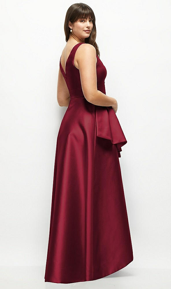 Back View - Burgundy Beaded Floral Bodice Satin Maxi Dress with Layered Ballgown Skirt