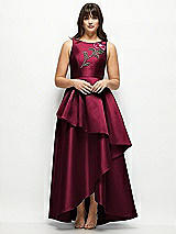 Front View Thumbnail - Cabernet Beaded Floral Bodice Satin Maxi Dress with Layered Ballgown Skirt