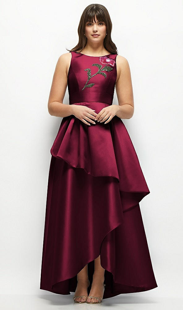 Front View - Cabernet Beaded Floral Bodice Satin Maxi Dress with Layered Ballgown Skirt