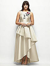 Front View Thumbnail - Champagne Beaded Floral Bodice Satin Maxi Dress with Layered Ballgown Skirt