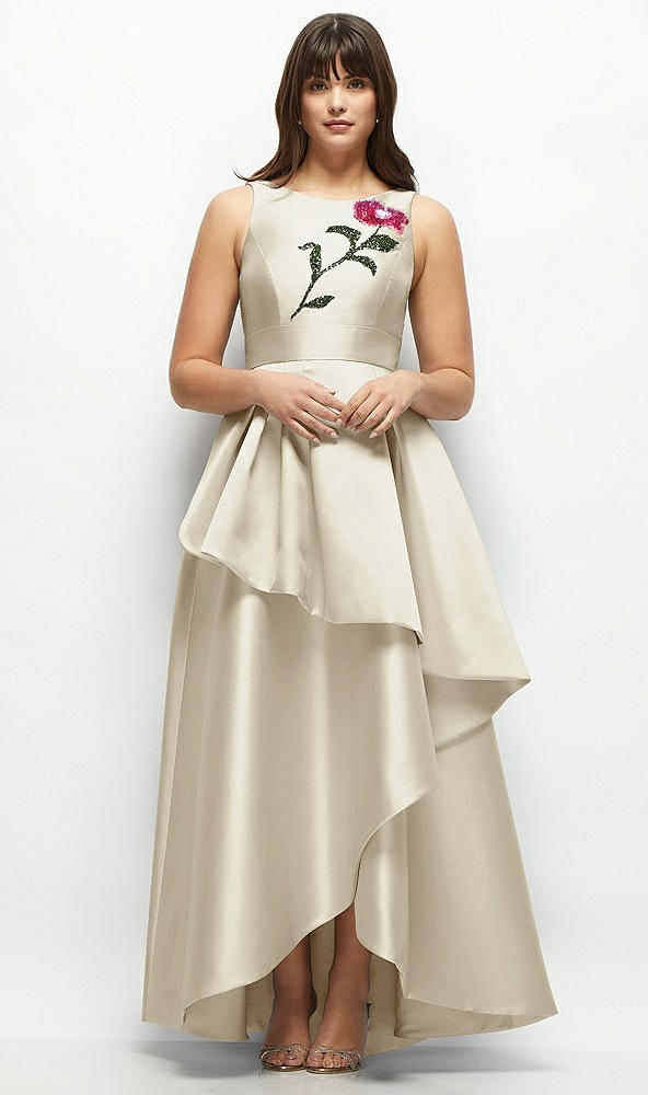 Front View - Champagne Beaded Floral Bodice Satin Maxi Dress with Layered Ballgown Skirt