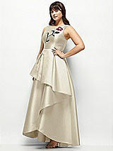 Side View Thumbnail - Champagne Beaded Floral Bodice Satin Maxi Dress with Layered Ballgown Skirt
