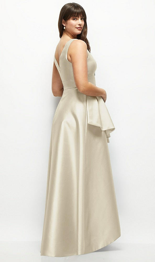 Back View - Champagne Beaded Floral Bodice Satin Maxi Dress with Layered Ballgown Skirt