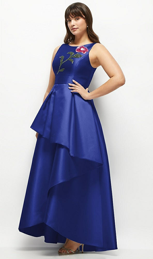 Front View - Cobalt Blue Beaded Floral Bodice Satin Maxi Dress with Layered Ballgown Skirt