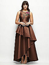 Front View Thumbnail - Cognac Beaded Floral Bodice Satin Maxi Dress with Layered Ballgown Skirt