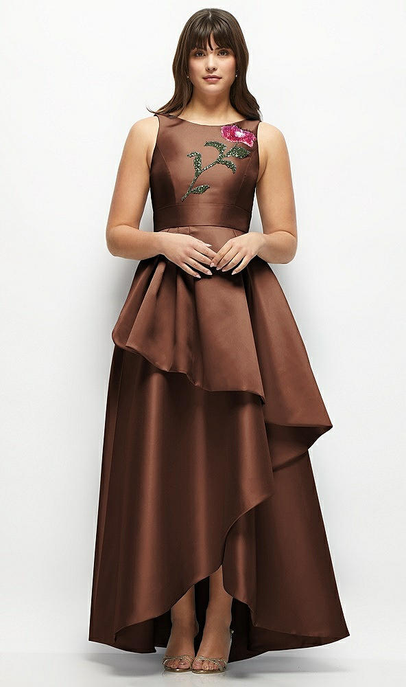 Front View - Cognac Beaded Floral Bodice Satin Maxi Dress with Layered Ballgown Skirt