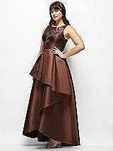 Side View Thumbnail - Cognac Beaded Floral Bodice Satin Maxi Dress with Layered Ballgown Skirt