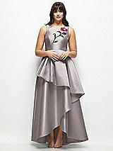 Front View Thumbnail - Cashmere Gray Beaded Floral Bodice Satin Maxi Dress with Layered Ballgown Skirt