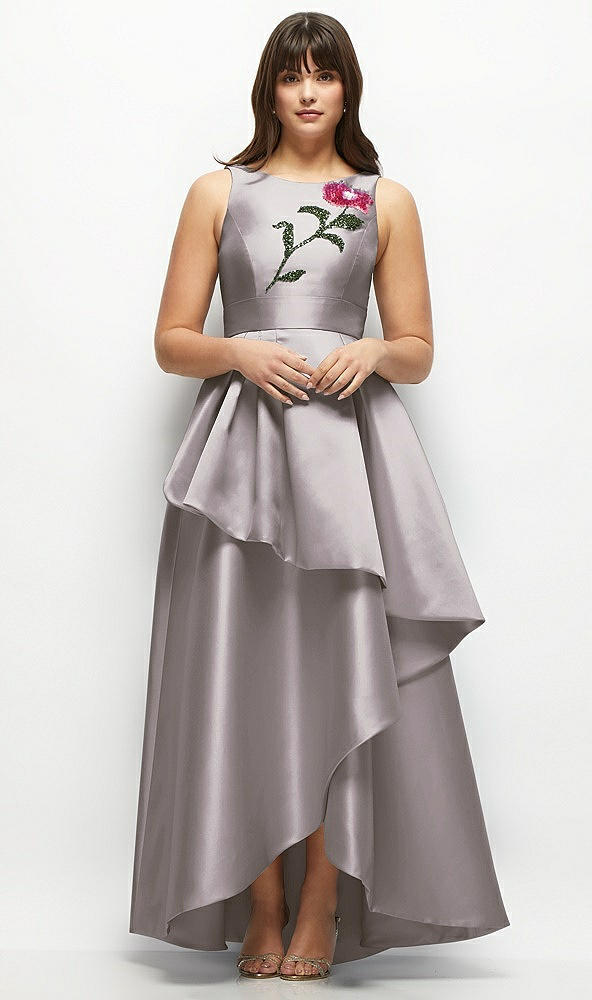 Front View - Cashmere Gray Beaded Floral Bodice Satin Maxi Dress with Layered Ballgown Skirt