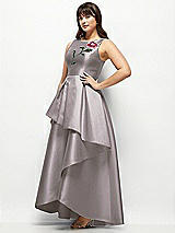 Side View Thumbnail - Cashmere Gray Beaded Floral Bodice Satin Maxi Dress with Layered Ballgown Skirt