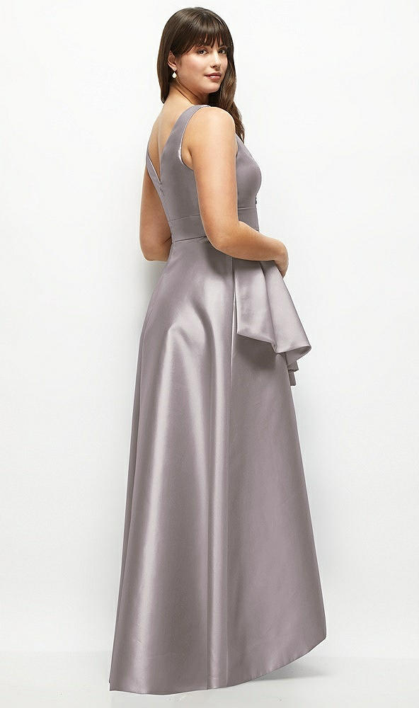 Back View - Cashmere Gray Beaded Floral Bodice Satin Maxi Dress with Layered Ballgown Skirt