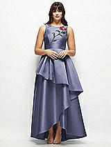 Front View Thumbnail - French Blue Beaded Floral Bodice Satin Maxi Dress with Layered Ballgown Skirt