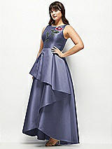 Side View Thumbnail - French Blue Beaded Floral Bodice Satin Maxi Dress with Layered Ballgown Skirt