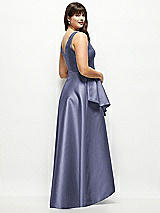 Rear View Thumbnail - French Blue Beaded Floral Bodice Satin Maxi Dress with Layered Ballgown Skirt