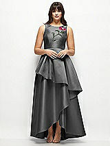 Front View Thumbnail - Gunmetal Beaded Floral Bodice Satin Maxi Dress with Layered Ballgown Skirt