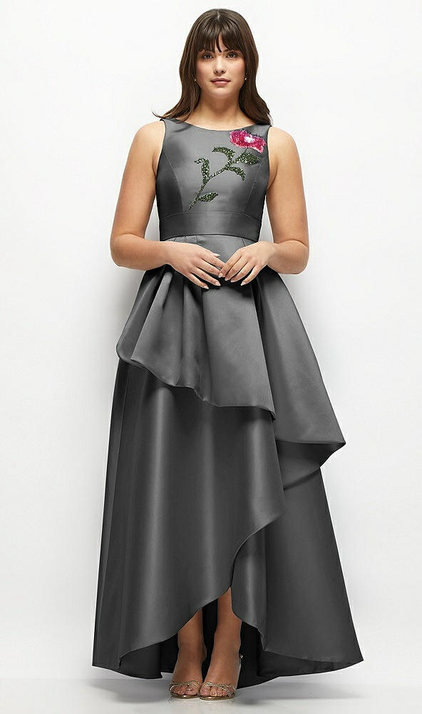 Front View - Gunmetal Beaded Floral Bodice Satin Maxi Dress with Layered Ballgown Skirt