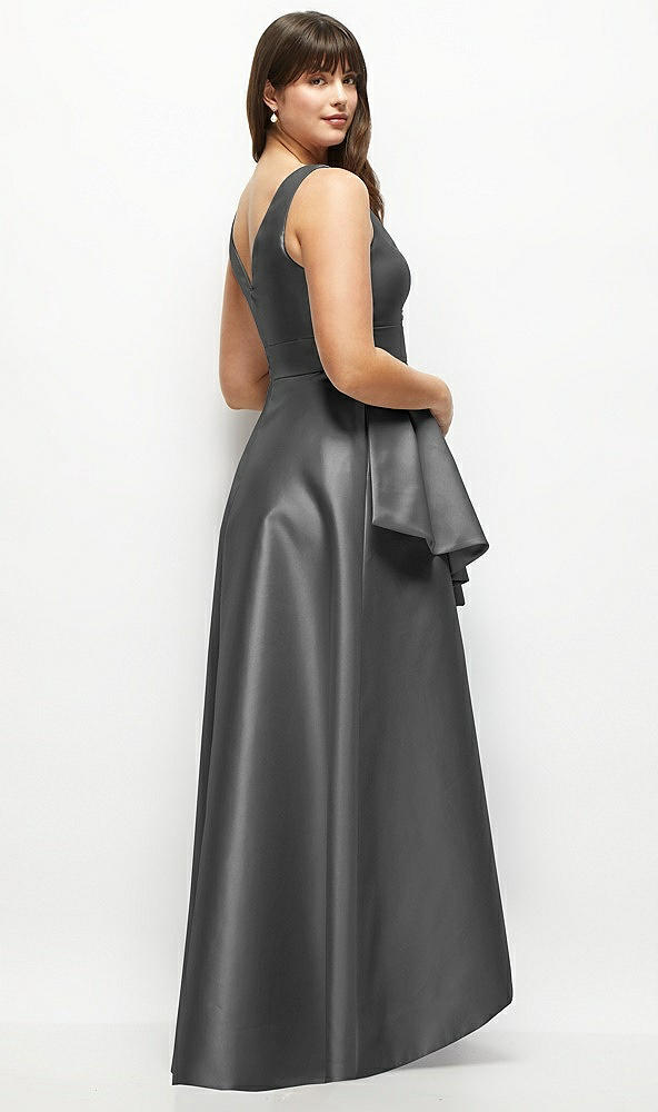 Back View - Gunmetal Beaded Floral Bodice Satin Maxi Dress with Layered Ballgown Skirt