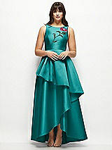 Front View Thumbnail - Jade Beaded Floral Bodice Satin Maxi Dress with Layered Ballgown Skirt