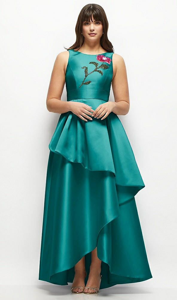 Front View - Jade Beaded Floral Bodice Satin Maxi Dress with Layered Ballgown Skirt