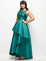 Side View Thumbnail - Jade Beaded Floral Bodice Satin Maxi Dress with Layered Ballgown Skirt