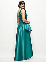 Rear View Thumbnail - Jade Beaded Floral Bodice Satin Maxi Dress with Layered Ballgown Skirt