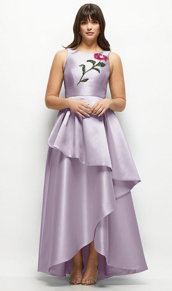 Front View - Lilac Haze Beaded Floral Bodice Satin Maxi Dress with Layered Ballgown Skirt