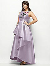 Side View Thumbnail - Lilac Haze Beaded Floral Bodice Satin Maxi Dress with Layered Ballgown Skirt