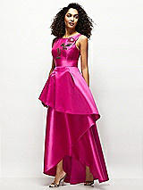 Front View Thumbnail - Think Pink Beaded Floral Bodice Satin Maxi Dress with Layered Ballgown Skirt