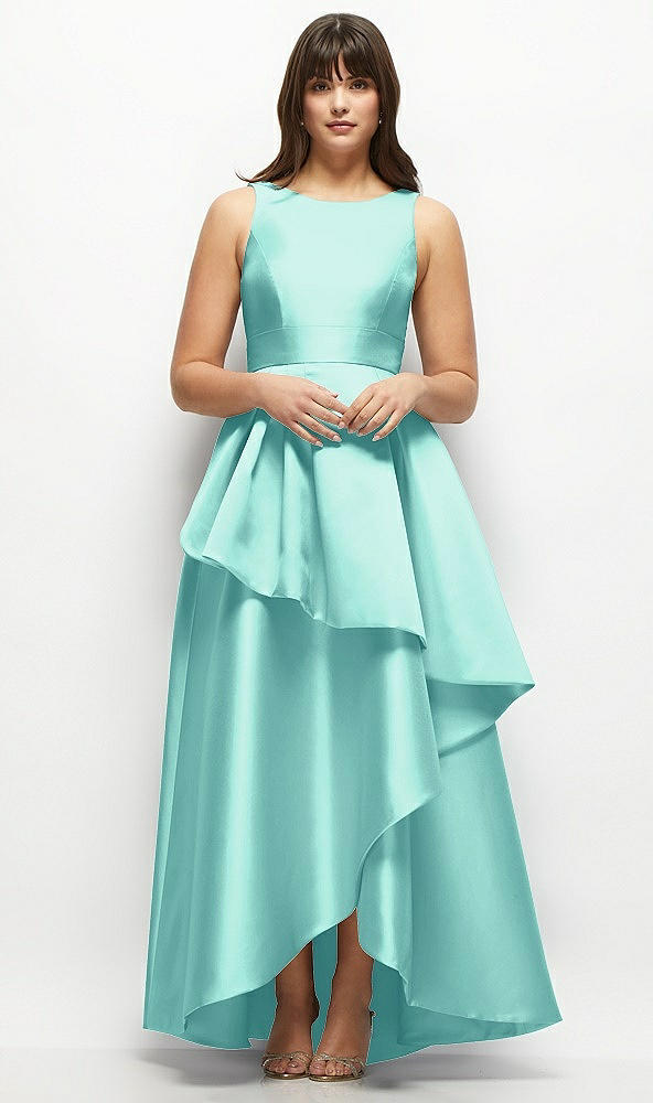 Front View - Coastal Satin Maxi Dress with Asymmetrical Layered Ballgown Skirt