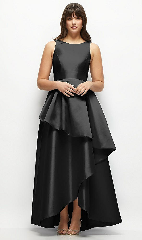 Front View - Black Satin Maxi Dress with Asymmetrical Layered Ballgown Skirt